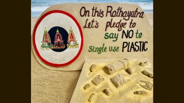 ‘Say No to Single-Use Plastic’ Sand Art Made by Sudarsan Pattnaik To Mark the Auspicious Occasion of Jagannath Puri Rath Yatra 2022 (View Pic)